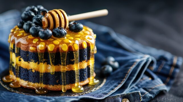 rustic blue corn cake with honey glaze on a cool denim background, perfect for casual yet inviting text