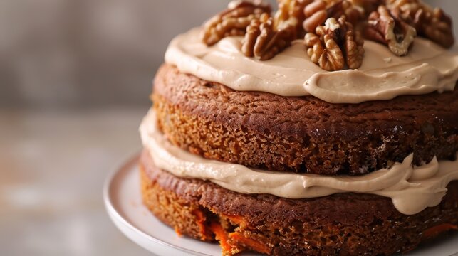 rustic carrot cake topped with walnuts on a soft beige backdrop, ideal for adding text