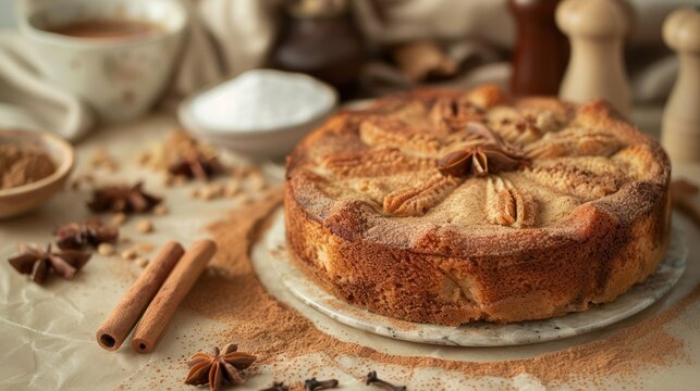 rustic chai spiced cake with a dusting of cinnamon on a warm tan background, inviting and perfect for cozy text