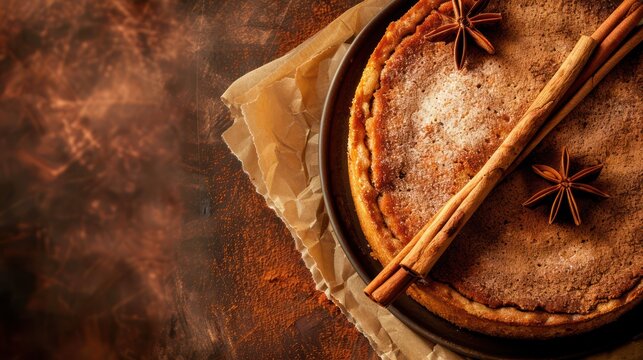 rustic chai spiced cake with cinnamon sticks on a warm cinnamon background, cozy and perfect for inviting text