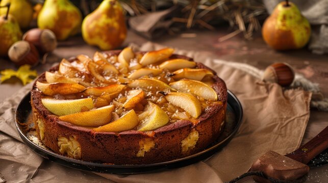 rustic chestnut and pear cake with caramelized pears on a soft brown background, cozy and perfect for inviting autumn text