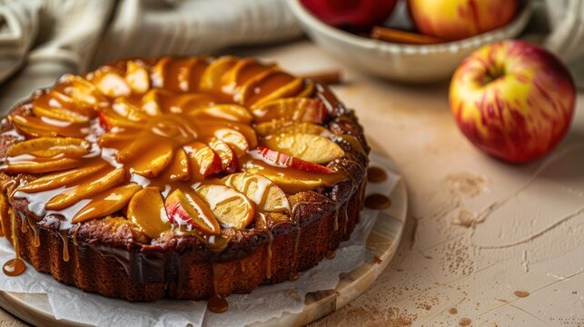 rustic cinnamon and apple cake with a caramel glaze on a light brown background, cozy and perfect for autumn gatherings