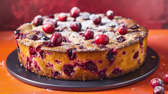 rustic cranberry and orange cake with fresh cranberries on a bright orange background, inviting and perfect for festive text