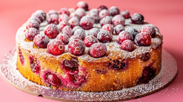 rustic cranberry and orange cake with sugared cranberries on a vibrant orange background, inviting and perfect for festive celebrations
