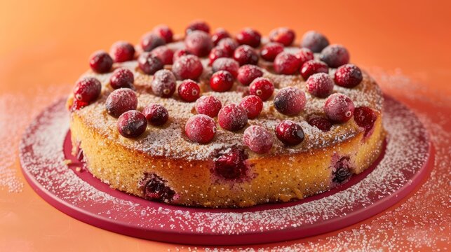 rustic cranberry and orange cake with sugared cranberries on a vibrant orange background, inviting and perfect for festive text
