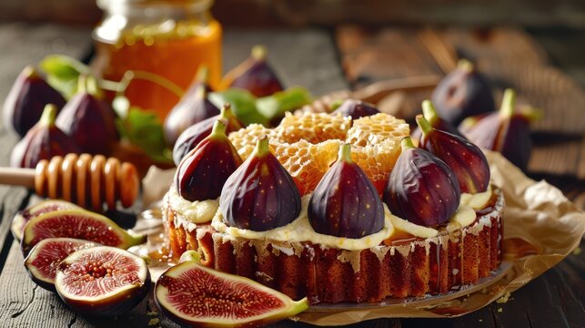 rustic fig and honeycomb cake with fresh figs on a warm honey background, cozy and inviting for autumnal text