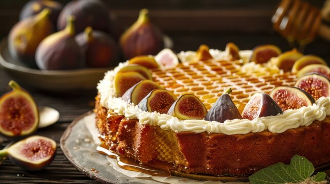 rustic fig and honeycomb cake with fresh figs on a warm honey background, cozy and inviting for autumnal text