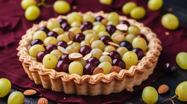 rustic grape and almond tart on a rich maroon background, sophisticated and perfect for elegant text
