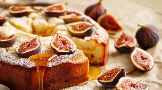 rustic honey and fig cake with fig slices on a soft tan background, inviting and perfect for warm text