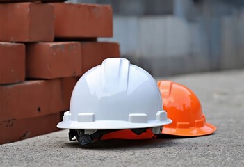 White and Orange Hard Hats on Concrete Ground