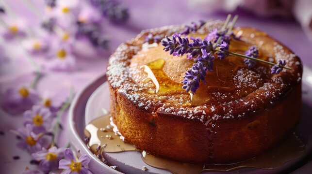 rustic lavender and honey cake with lavender sprigs on a soft purple background, inviting and perfect for relaxing text