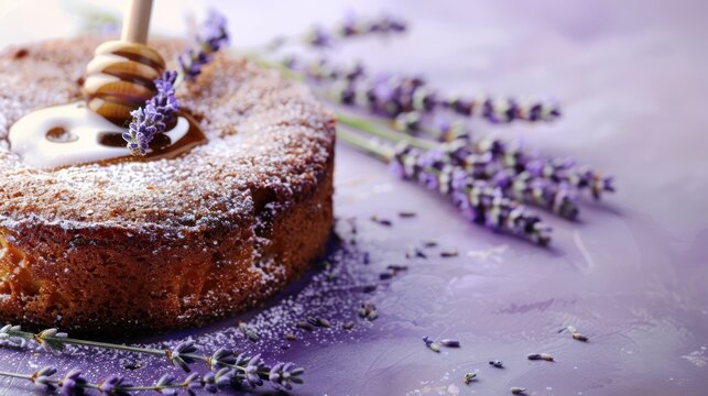 rustic lavender and honey cake with lavender sprigs on a soft purple background, inviting and perfect for relaxing text