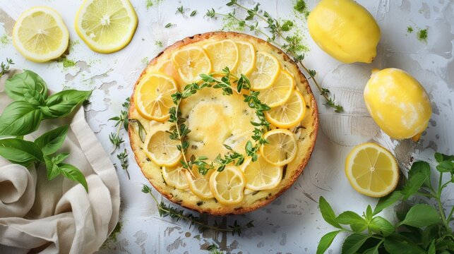 rustic lemon and herb cake with fresh herbs on a pale lemon background, refreshing and ideal for natural text