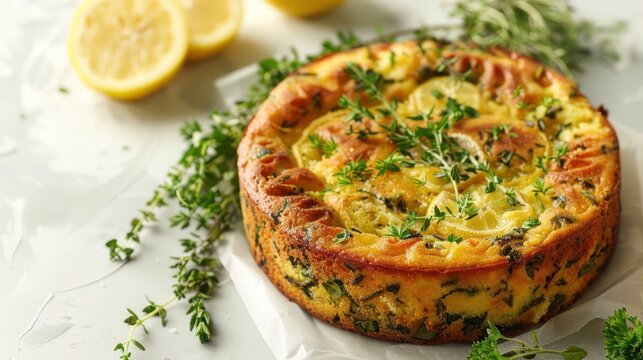 rustic lemon and herb cake with fresh herbs on a pale lemon background, refreshing and ideal for natural text