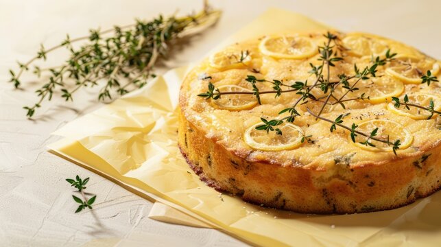 rustic lemon and thyme cake with fresh thyme sprigs on a light yellow background, refreshing and perfect for spring gatherings