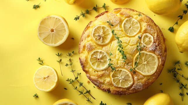 rustic lemon and thyme cake on a vibrant citrus yellow background, refreshing and perfect for lively text