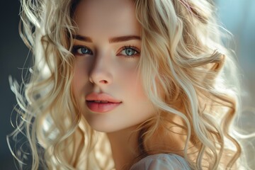 Poster - Close-up portrait of a young woman with stunning blue eyes and luscious curls