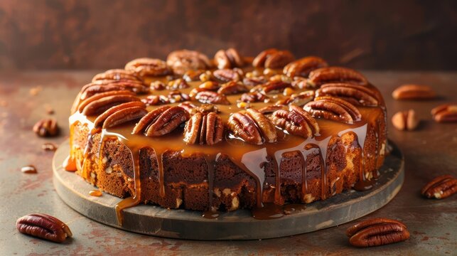rustic maple and pecan cake with a caramel drizzle on a warm brown background, cozy and perfect for inviting text