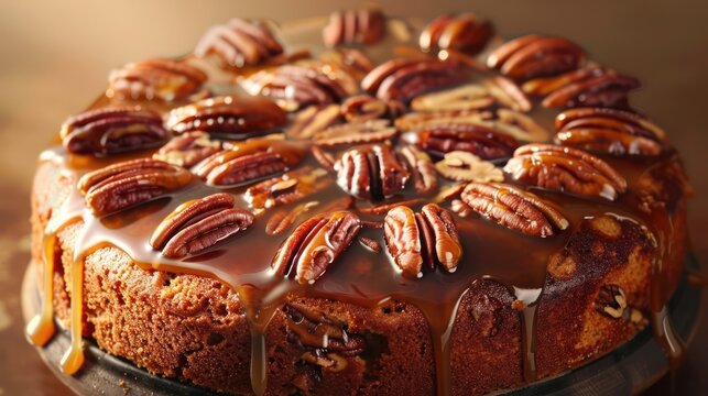 rustic maple and pecan cake with a caramel drizzle on a warm brown background, cozy and perfect for inviting text