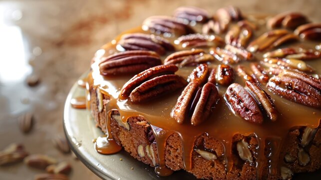 rustic maple and pecan cake with a caramel drizzle on a warm brown background, cozy and perfect for inviting text