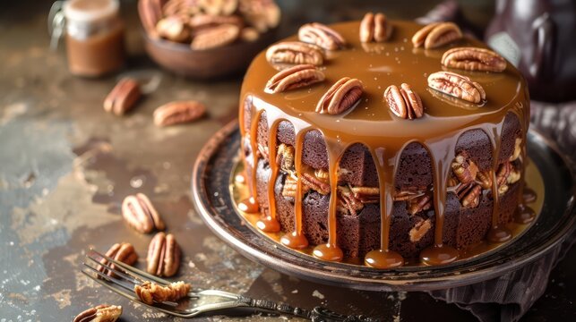 rustic maple pecan cake with caramel drizzle on a deep chocolate brown background, cozy and inviting for text