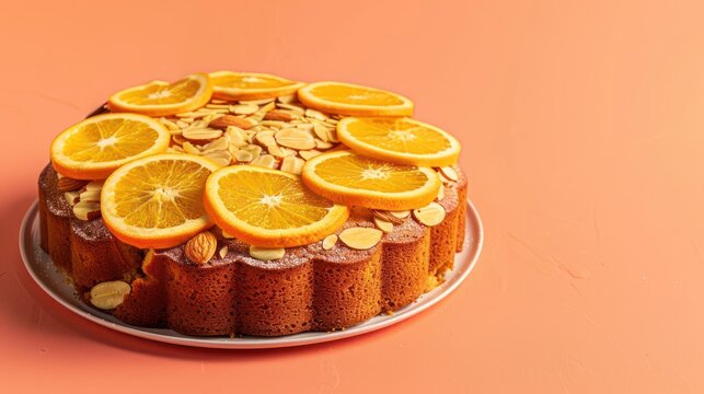 rustic orange and almond cake with orange slices on a bright orange background, refreshing and ideal for natural text