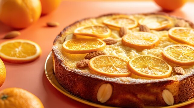 rustic orange and almond cake with orange slices on a bright orange background, refreshing and ideal for natural text