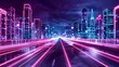 © Emma - abstract neon background glowing ultraviolet vertical lines cyber space urban scene in virtual reality empty street in fantastic city skyscrapers under the night sky
