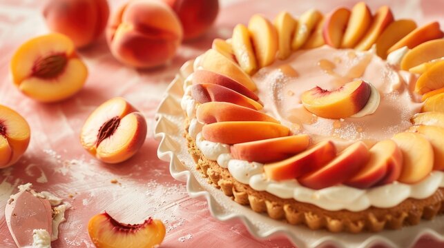rustic peach and cream cake with fresh peach slices on a peach background, cozy and inviting for summer text