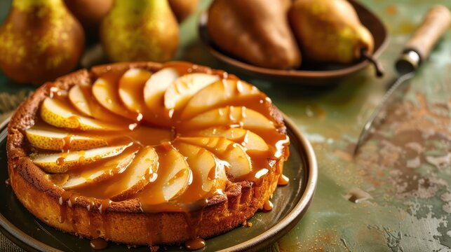 rustic pear and caramel cake with caramel drizzle on a warm pear green background, cozy and inviting for comforting text