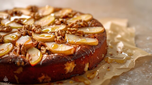 rustic pear and walnut cake with a honey drizzle on a warm beige background, inviting and ideal for cozy gatherings