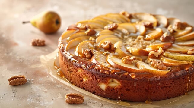rustic pear and walnut cake with a honey drizzle on a warm beige background, inviting and ideal for cozy gatherings