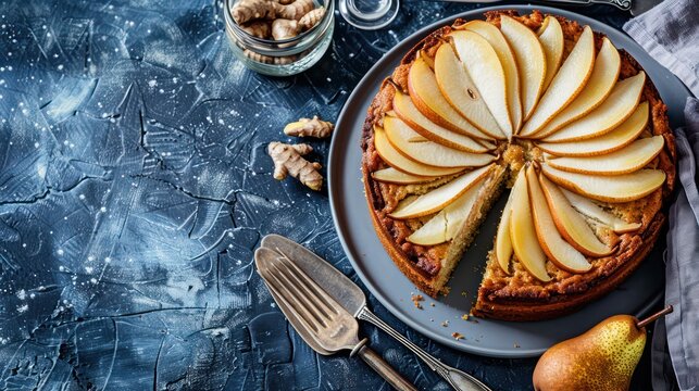 rustic pear and ginger cake on a cool steel blue background, perfect for autumnal messages