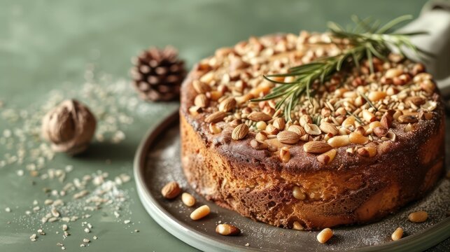 rustic pine nut and rosemary cake on an earthy forest green background, ideal for natural text themes