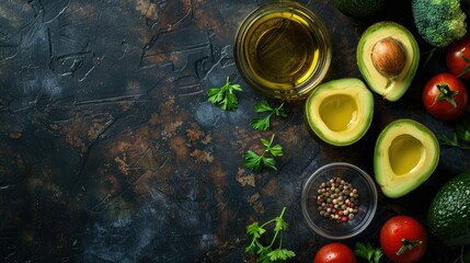 Wall Mural - Avocado oil used for cooking in a glass bowl placed next to vegetable halves seen from above with space for text