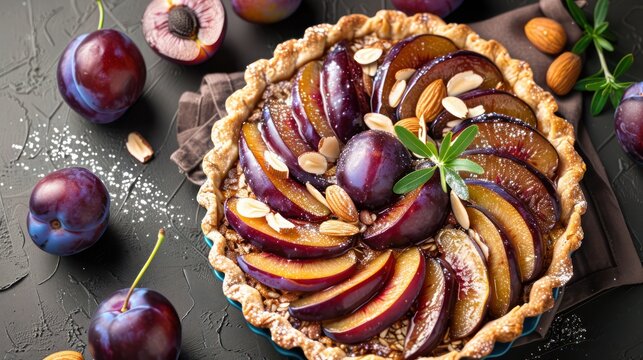 rustic plum and almond tart with fresh plums on a rich plum background, cozy and perfect for autumnal text