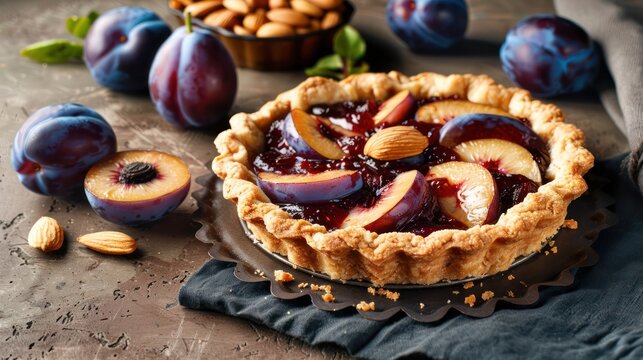 rustic plum and almond tart with fresh plums on a rich plum background, cozy and perfect for autumnal text