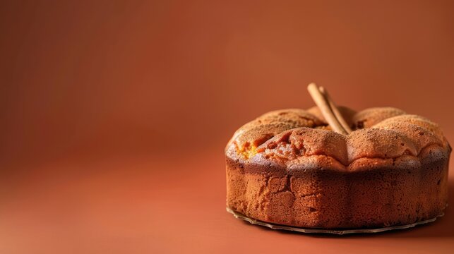 rustic pumpkin and spice cake with a cinnamon stick garnish on a deep orange background, cozy and perfect for autumn celebrations