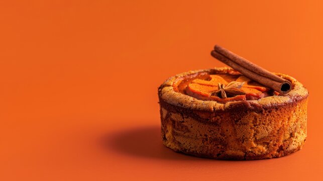 rustic pumpkin and spice cake with a cinnamon stick garnish on a deep orange background, cozy and perfect for autumnal text