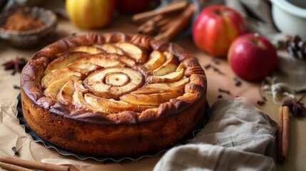 Aufkleber - rustic spiced apple cake with cinnamon swirl on a warm terra cotta background, inviting and perfect for autumnal text