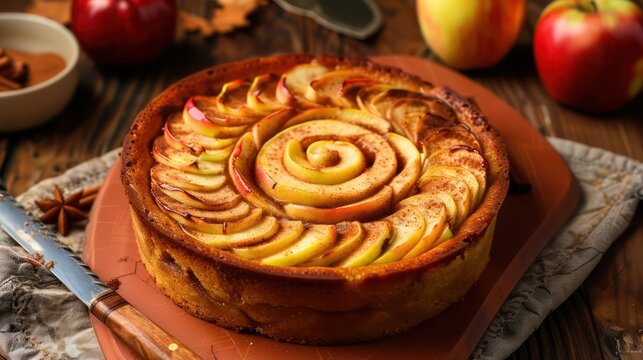 rustic spiced apple cake with cinnamon swirl on a warm terra cotta background, inviting and perfect for autumnal text