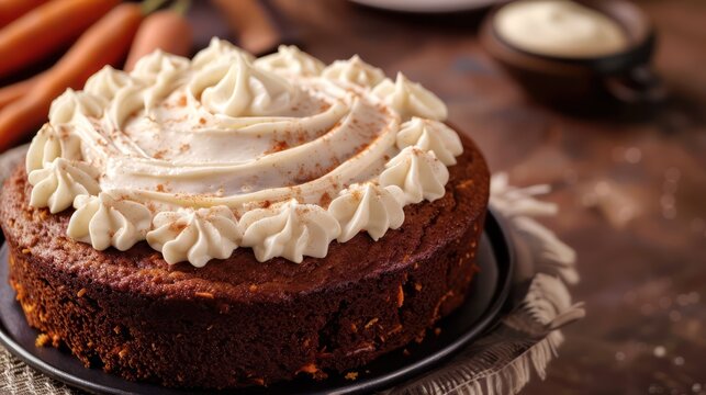 rustic spiced carrot cake with cream cheese frosting on a burnt sienna background, cozy and perfect for inviting text