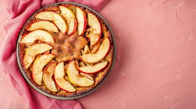 rustic spiced apple cake with fresh apple slices on a light red background, cozy and inviting for autumnal text