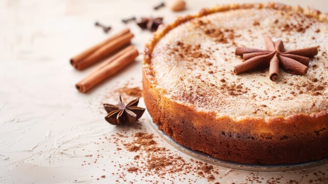 rustic spiced chai latte cake with a cinnamon dusting on a soft beige background, cozy and perfect for inviting text