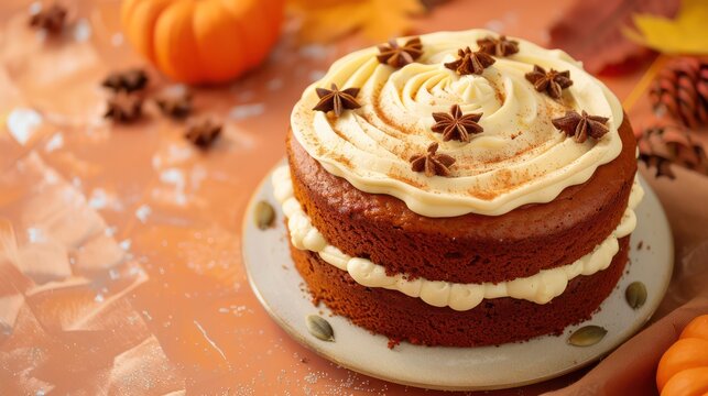 rustic spiced pumpkin cake with cream cheese frosting on an autumn orange background, cozy and ideal for fall themes