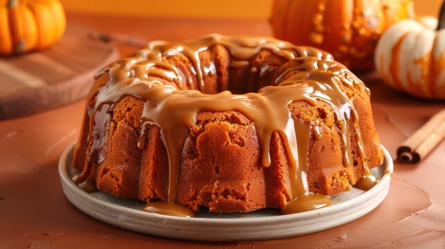 rustic spiced pumpkin cake with caramel icing on a warm pumpkin orange background, cozy and perfect for autumnal text