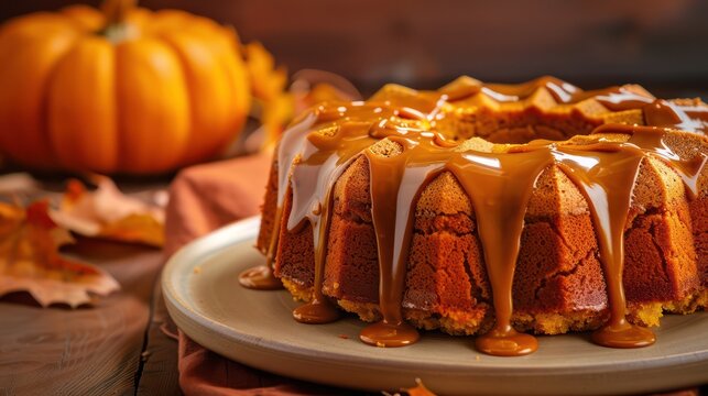 rustic spiced pumpkin cake with caramel icing on a warm pumpkin orange background, cozy and perfect for autumnal text