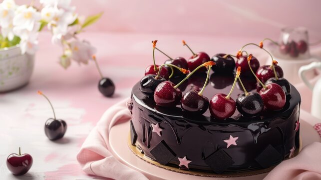 sleek black forest cake with glossy cherries on a pale pink backdrop, with space for copy