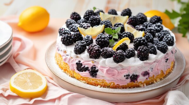 sophisticated blackberry and lemon cake, refreshing and vibrant, isolated on a light peach backdrop