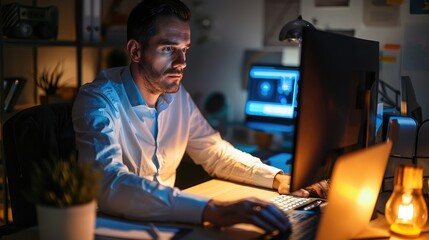Poster - A businessman working late in the office, illuminated by the glow of his computer screen.
